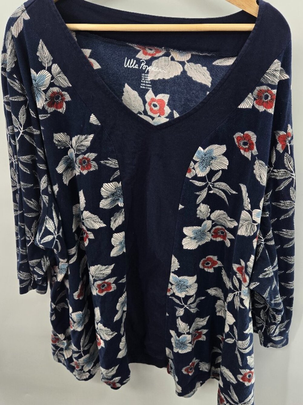Ulla Popken Navy Floral 3/4 Sleeved Shirt Top Size 32/34